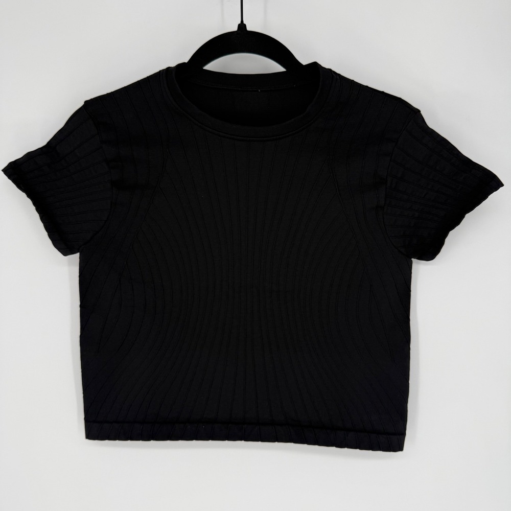 FABLETICS‎ RIBBED SEAMLESS BABY TEE BLACK NO SIZE TAG FITTED